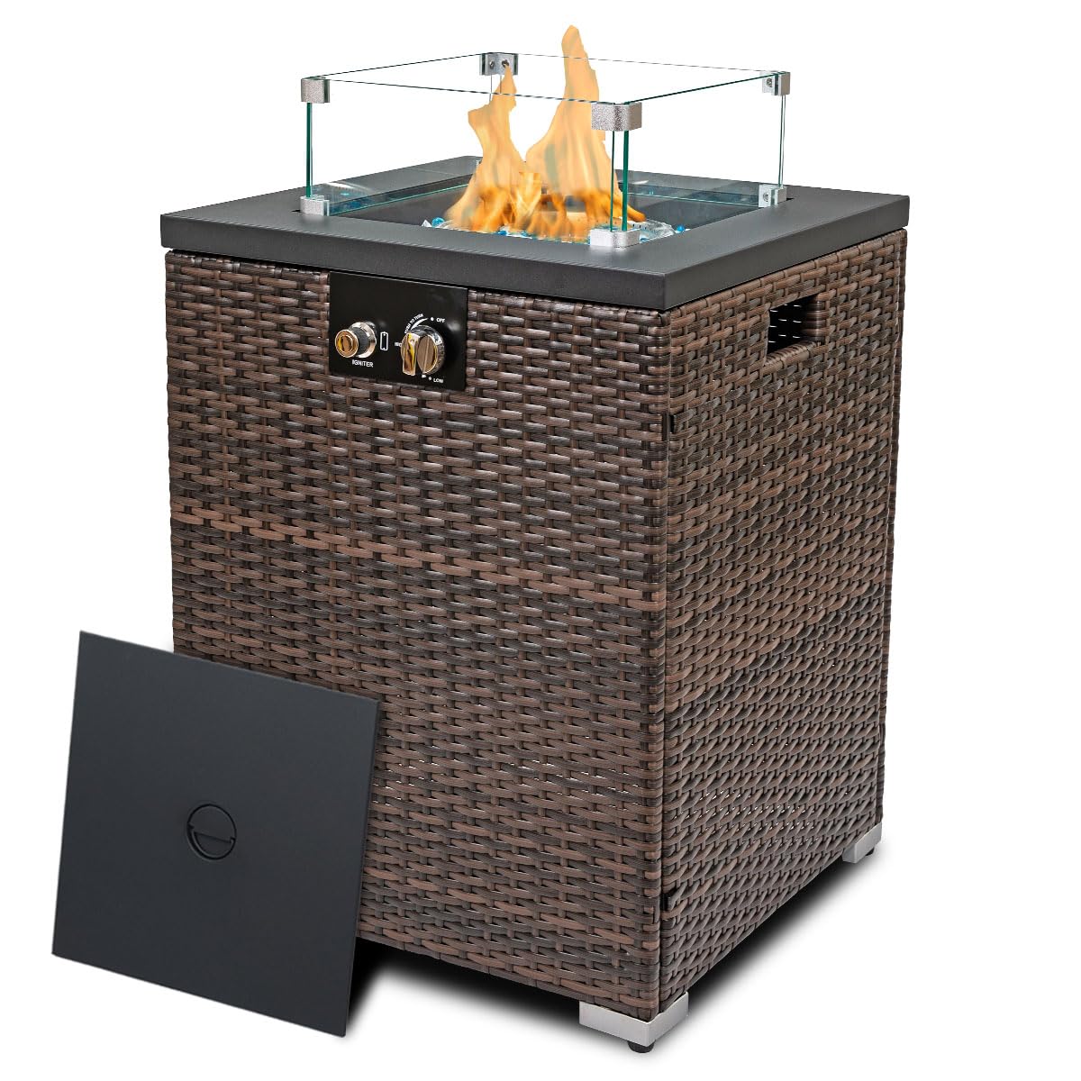 Senjoys 22in Outdoor Propane Gas Fire Pit Table, 40,000 BTU Auto-Ignition Gas Firepit with Glass Wind Guard, Painted Steel Tabletop, Mixed Color Glass Rocks, Brown PE Rattan