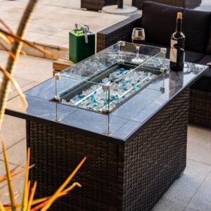 Senjoys 44in Outdoor Propane Gas Fire Pit Table, 50,000 BTU Auto-Ignition Gas Firepit with Glass Wind Guard, Marble Tile Tabletop, Mixed Color Glass Rocks, Brown PE Rattan