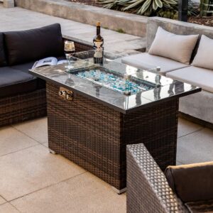 Senjoys 44in Outdoor Propane Gas Fire Pit Table, 50,000 BTU Auto-Ignition Gas Firepit with Glass Wind Guard, Marble Tile Tabletop, Mixed Color Glass Rocks, Brown PE Rattan