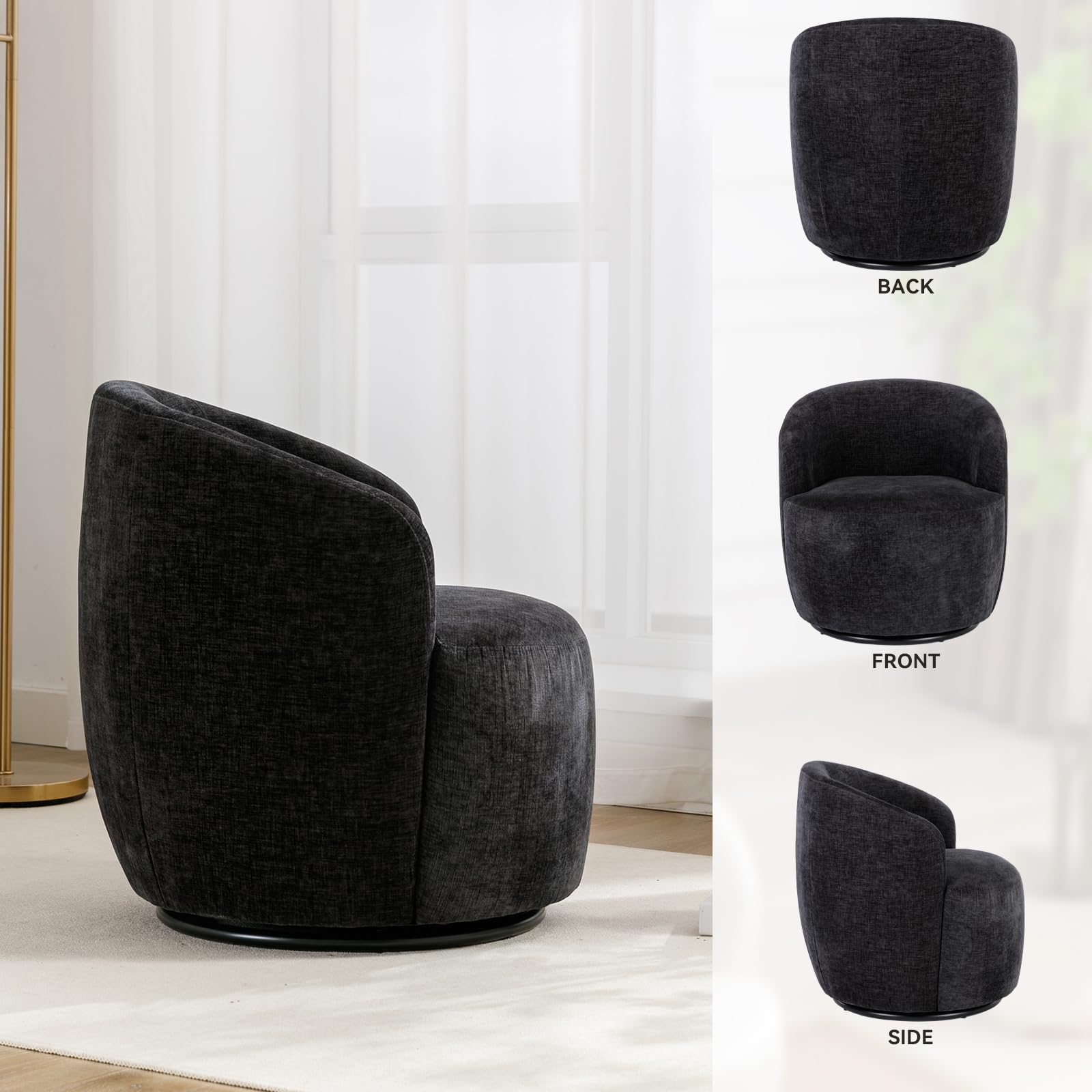 FOXHUNTER Swivel Barrel Chair, Small Swivel Accent Chair Comfy Round 360° Chenille Swivel Chair for Living Room Modern Round Accent Arm Chairs for Living Room Bedroom Nursery, Black