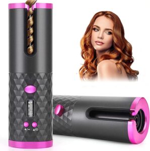 automatic cordless auto hair curler curling iron with lcd display adjustable temperature & timer, portable rotating ceramic barrel curling wand fast heating hair curler