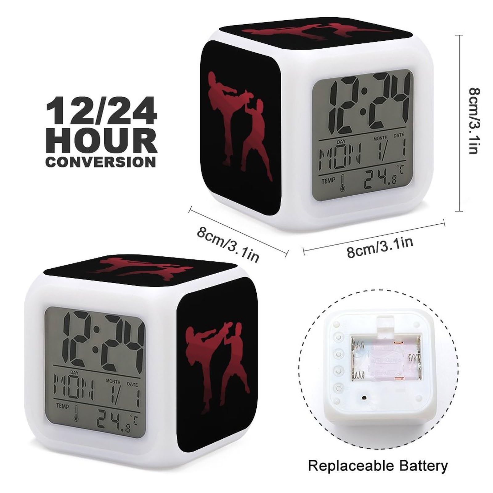 Karate Alarm Clock 7 Colors Digital Clock Cute Bedside Clock for Home Office Decor