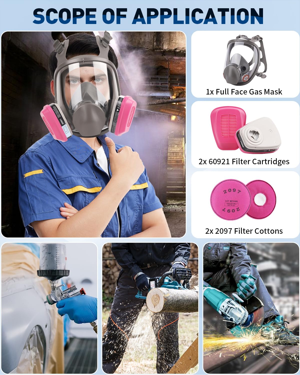 VOCITXI 6800 Full Face Respirator Mask with 60921 Filters and 2097 Filter Cottons Plus 6 PCS(3 Pair) 60921 Respirator Cartridges