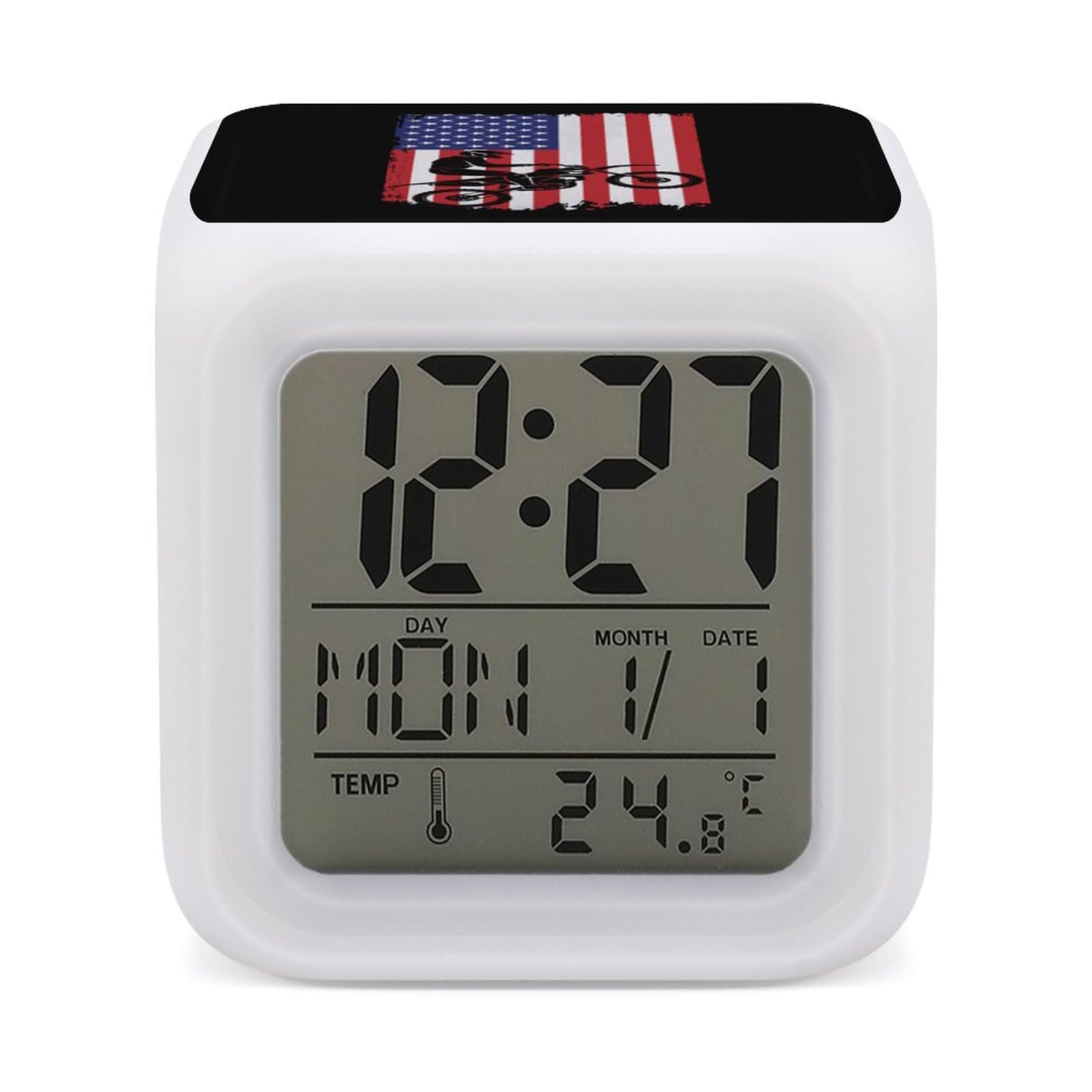 Dirt Bike USA Flag Alarm Clock 7 Colors Digital Clock Cute Bedside Clock for Home Office Decor