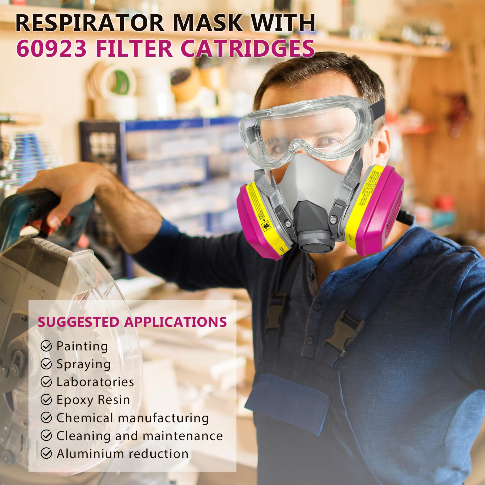 LMINHAN Half Face Respirator Mask with 60923 Filter, Reusable Gas Mask with Anti-Fog Goggle, Paint Mask for Dust, Painting, Organic Vapor, Epoxy Resin, Welding