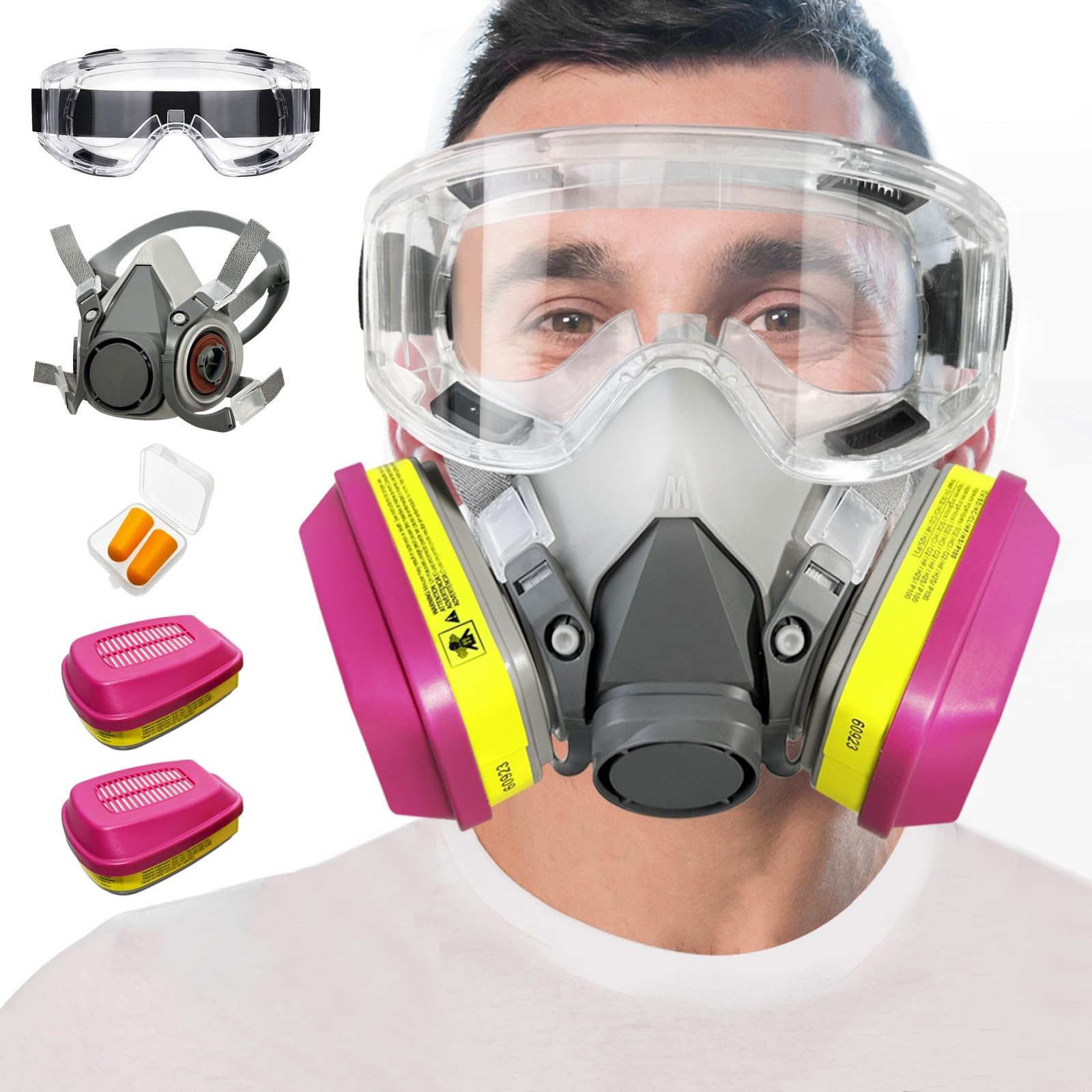 LMINHAN Half Face Respirator Mask with 60923 Filter, Reusable Gas Mask with Anti-Fog Goggle, Paint Mask for Dust, Painting, Organic Vapor, Epoxy Resin, Welding