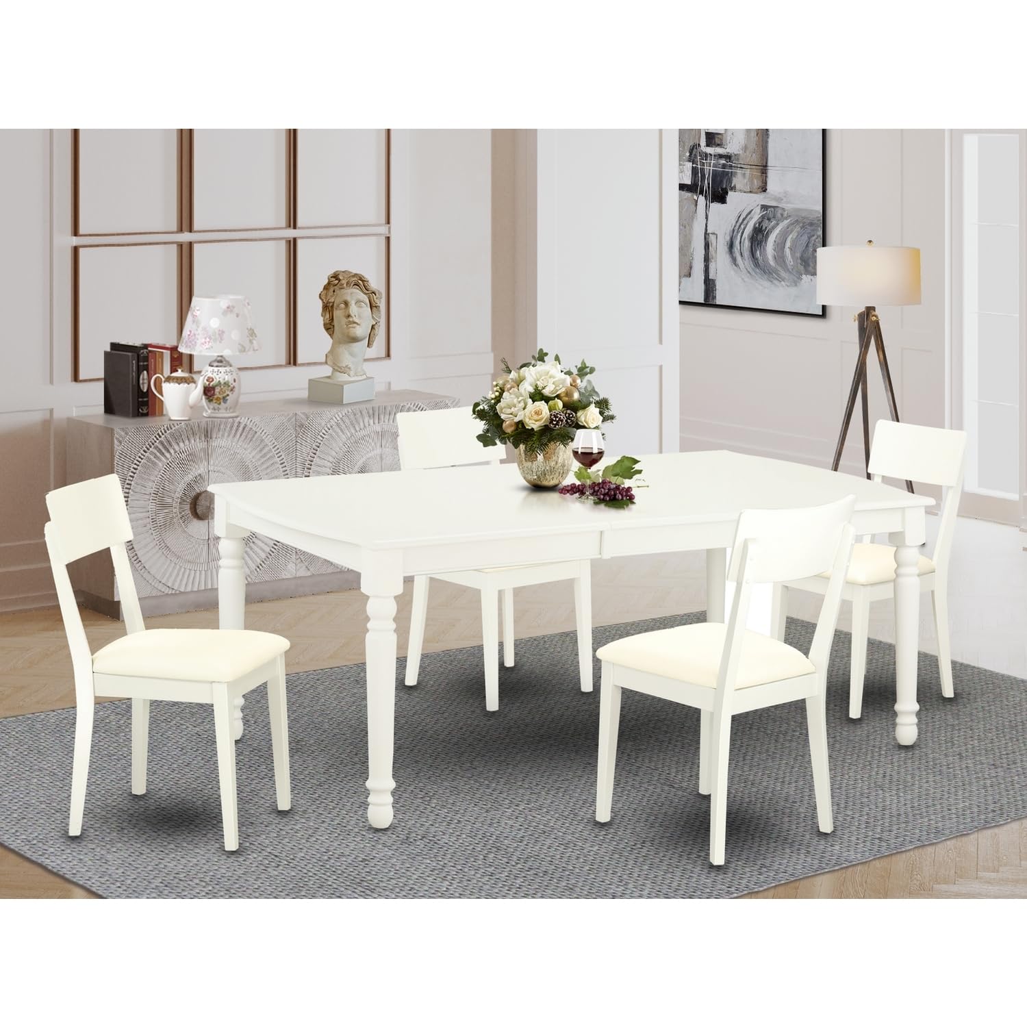 HomeStock Renaissance Revival 5 Pc Kitchen Tables and Chair Set with One Dover Dining Table and 4 Kitchen Chairs in A Linen White Finish