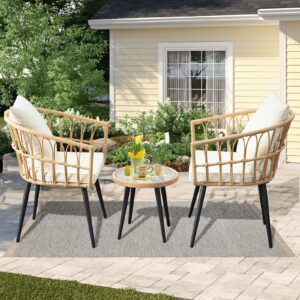 HYDRAGARDEN 3 Piece Patio Bistro Set, Outdoor Wicker Conversation Chair Sets Balcony Furniture with Coffee Table & Cushions, All-Weather Rattan Table and Chairs Set for Porch Backyard Deck Poolside