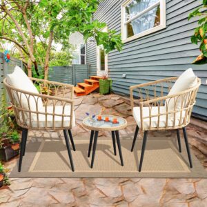 HYDRAGARDEN 3 Piece Patio Bistro Set, Outdoor Wicker Conversation Chair Sets Balcony Furniture with Coffee Table & Cushions, All-Weather Rattan Table and Chairs Set for Porch Backyard Deck Poolside