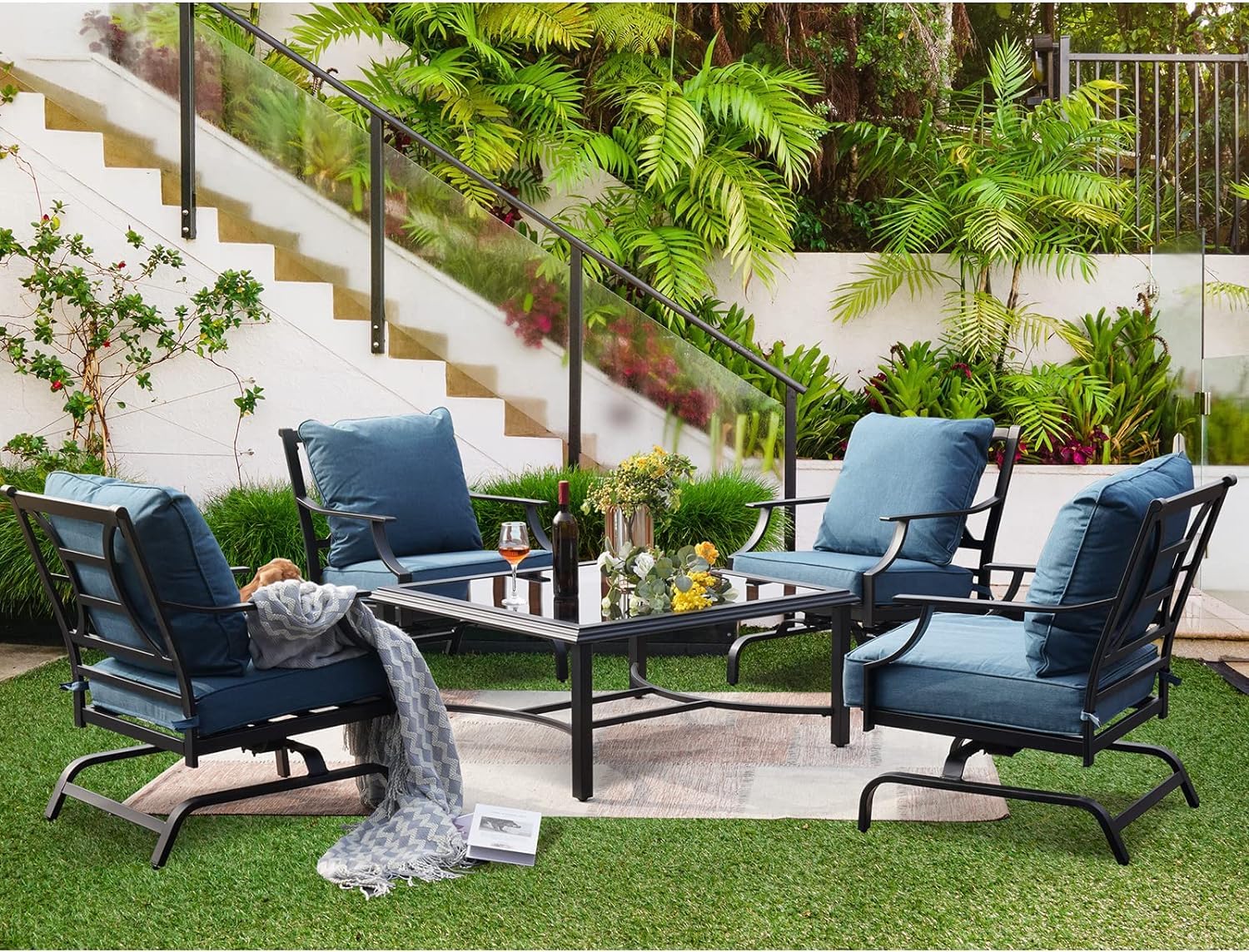 Grand patio 5PCS Conversation Sets Outdoor Dining Set 4 Rocking Motion Patio Chairs with Gray Water-Resistant Olefin Cushions & 1 Tempered Glass Table for Garden Lawn & Poolside (Peacock Blue)