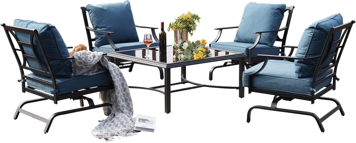 Grand patio 5PCS Conversation Sets Outdoor Dining Set 4 Rocking Motion Patio Chairs with Gray Water-Resistant Olefin Cushions & 1 Tempered Glass Table for Garden Lawn & Poolside (Peacock Blue)