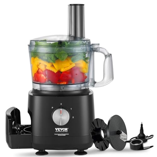 VEVOR Food Processor, 9 Cup Small Vegetable Chopper, 600 Watts 2 Speed Electric Meat Processors, 10Pcs Blade & Disc, Built-in Storage Drawer, Large Feed Chute & Pusher, Slice, Shred, Puree, dough