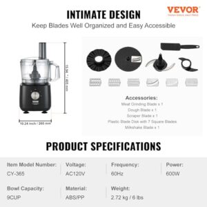 VEVOR Food Processor, 9 Cup Small Vegetable Chopper, 600 Watts 2 Speed Electric Meat Processors, 10Pcs Blade & Disc, Built-in Storage Drawer, Large Feed Chute & Pusher, Slice, Shred, Puree, dough