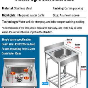 WAHHWF Washroom Stainless Steel Sink with Stand, Freestanding Kitchen Sink for Home, Utility Sink for Garage, Restaurant, Kitchen, Laundry, Outdoor