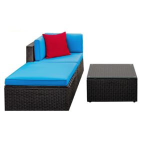 Rankok 3 Pieces Patio Furniture Set Outdoor Sectional Sofa with Glass Coffee Table, Washable and Thickened Blue Cushions Outdoor PE Wicker Rattan Furniture Set for Backyard, Lawn, Balcony, Poolside