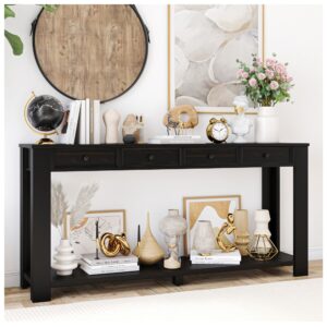 venera rustic chic console tables for living room - solid wood black 63 inch entry way table home furniture - functional narrow console table - console table with drawers and four drawers