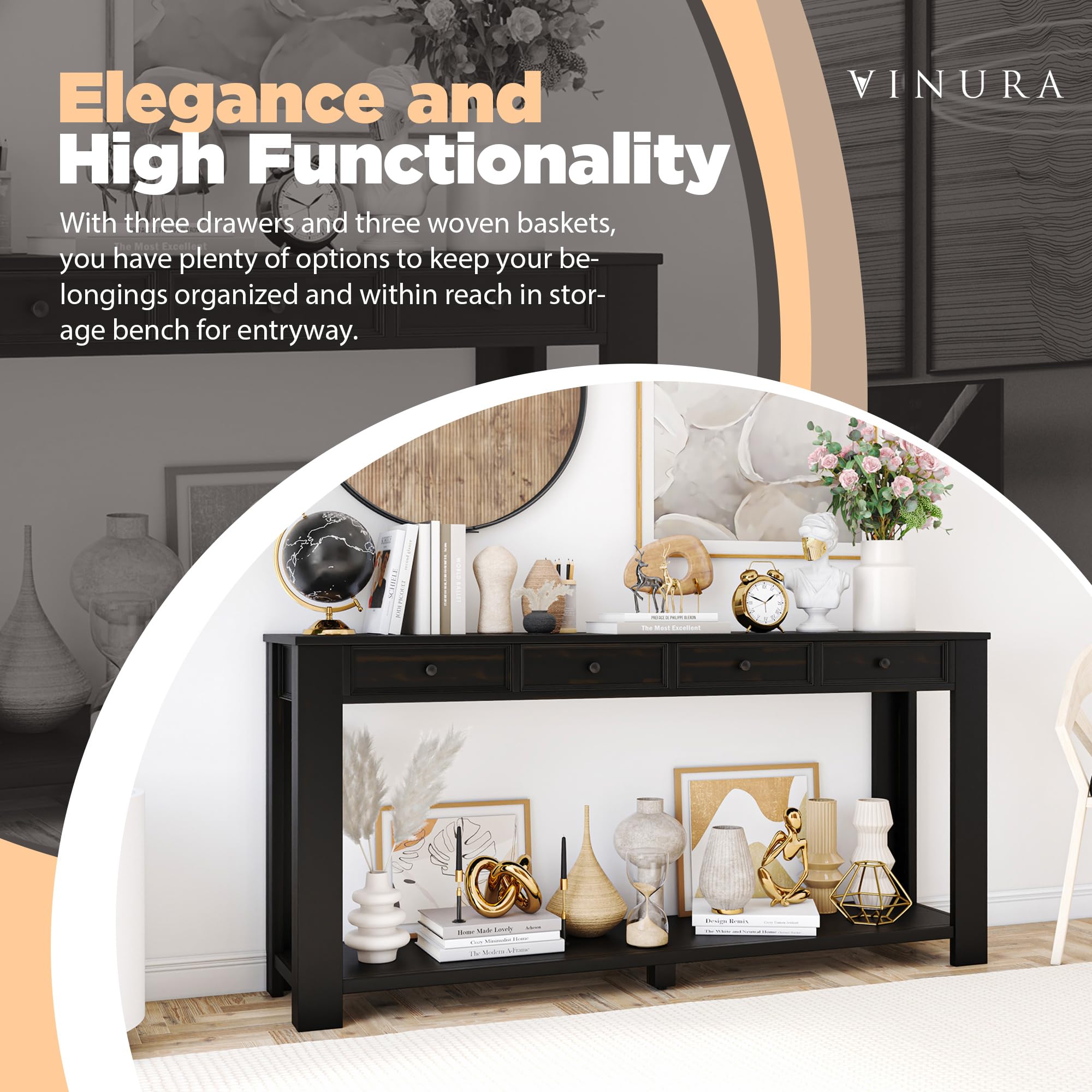 Venera Rustic Chic Console Tables for Living Room - Solid Wood Black 63 Inch Entry Way Table Home Furniture - Functional Narrow Console Table - Console Table with Drawers and Four Drawers