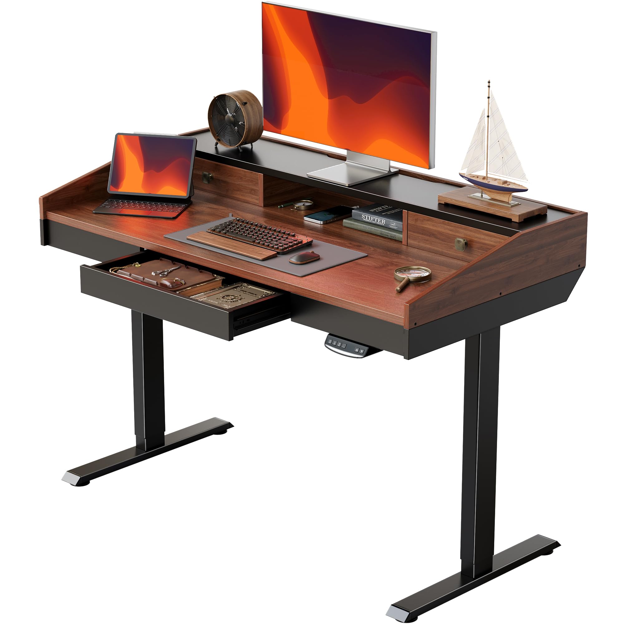 FEZIBO 48" Whole-Piece Standing Desk Adjustable Height with drawers, 48 x 24 inches Electric Stand Up Desk with Monitor Shelf, Sit Stand Rising Desk with baffle, Black Walnut