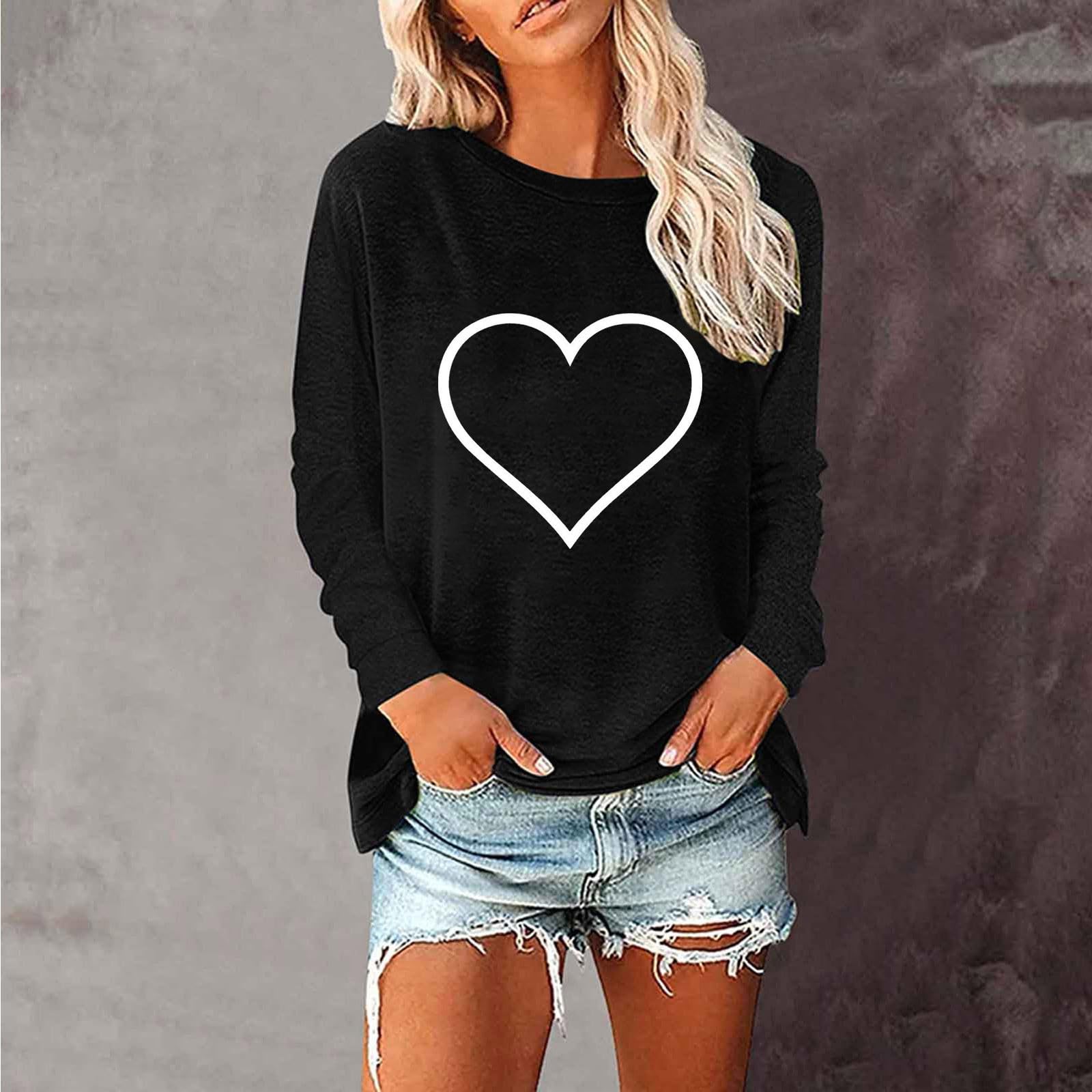 Women's Tunic Tops 2023 Trendy Raglan Long Sleeves T-Shirts Solid Color/Christmas Graphic Tees Sweatshirts Pullover Heart Black X-Large