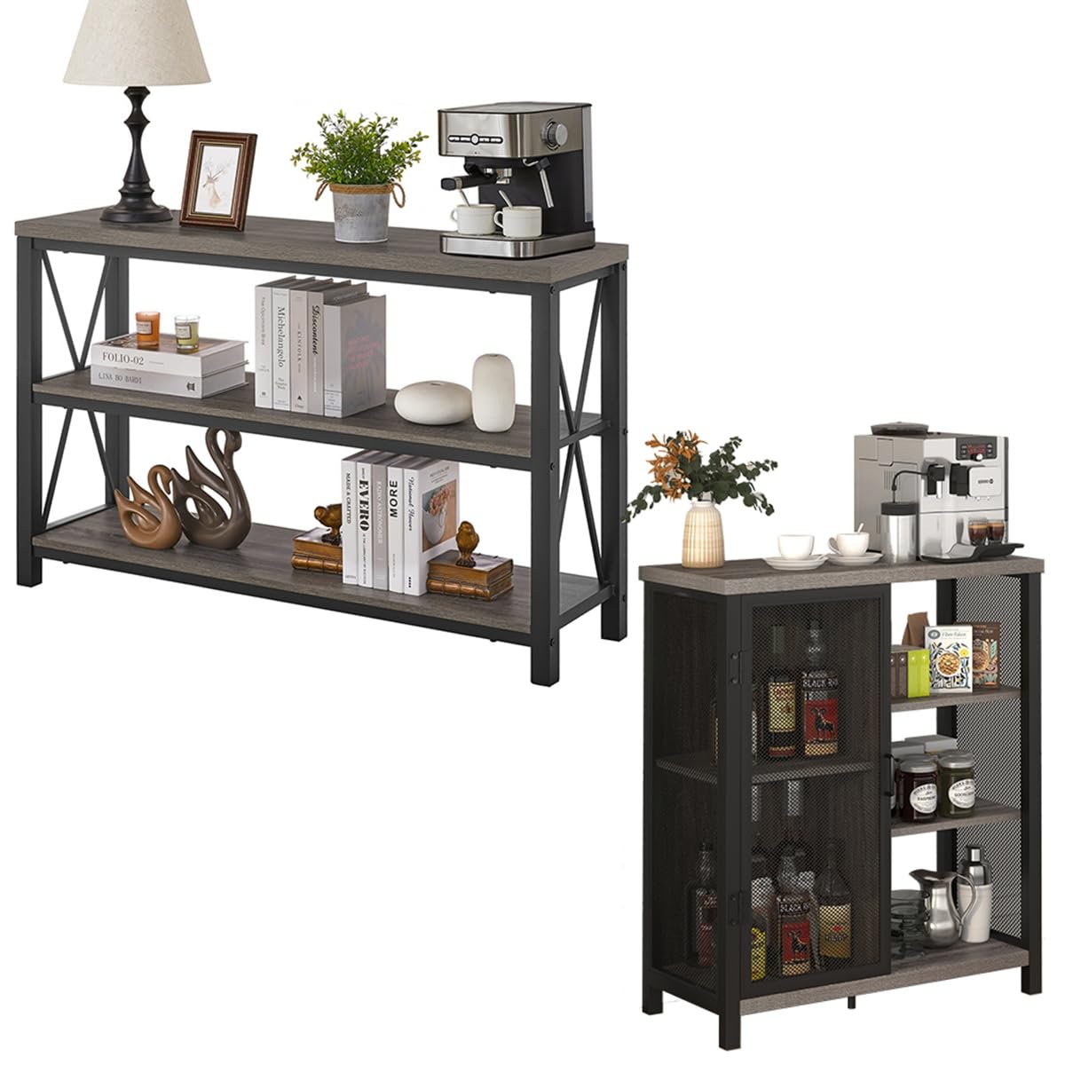 BON AUGURE Industrial Coffee Bar Cabinet for Home, Rustic Console Table Behind Couch, Wood and Metal Furniture Set for Living Room(Gray Oak)