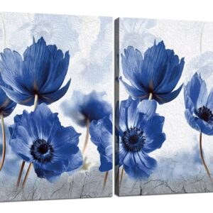 HJY Art 2 Piece Abstract Flower Wall Art for Bathroom Canvas Floral Wall Decor White and Blue Modern Home Living Room Dining Room Bedroom Office Painting Poster Framed Artwork (24''W x 32''H x2)