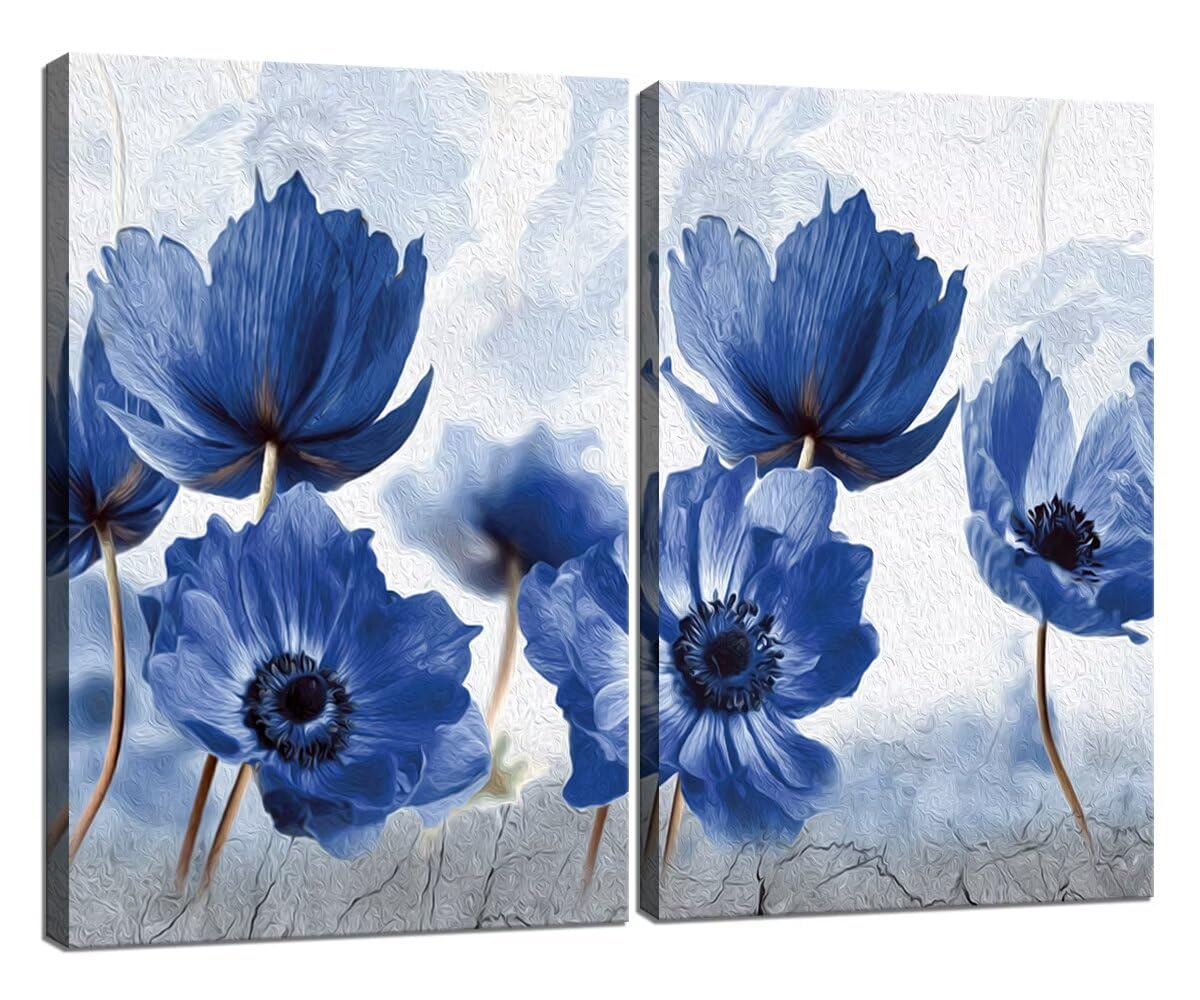 HJY Art 2 Piece Abstract Flower Wall Art for Bathroom Canvas Floral Wall Decor White and Blue Modern Home Living Room Dining Room Bedroom Office Painting Poster Framed Artwork (24''W x 32''H x2)