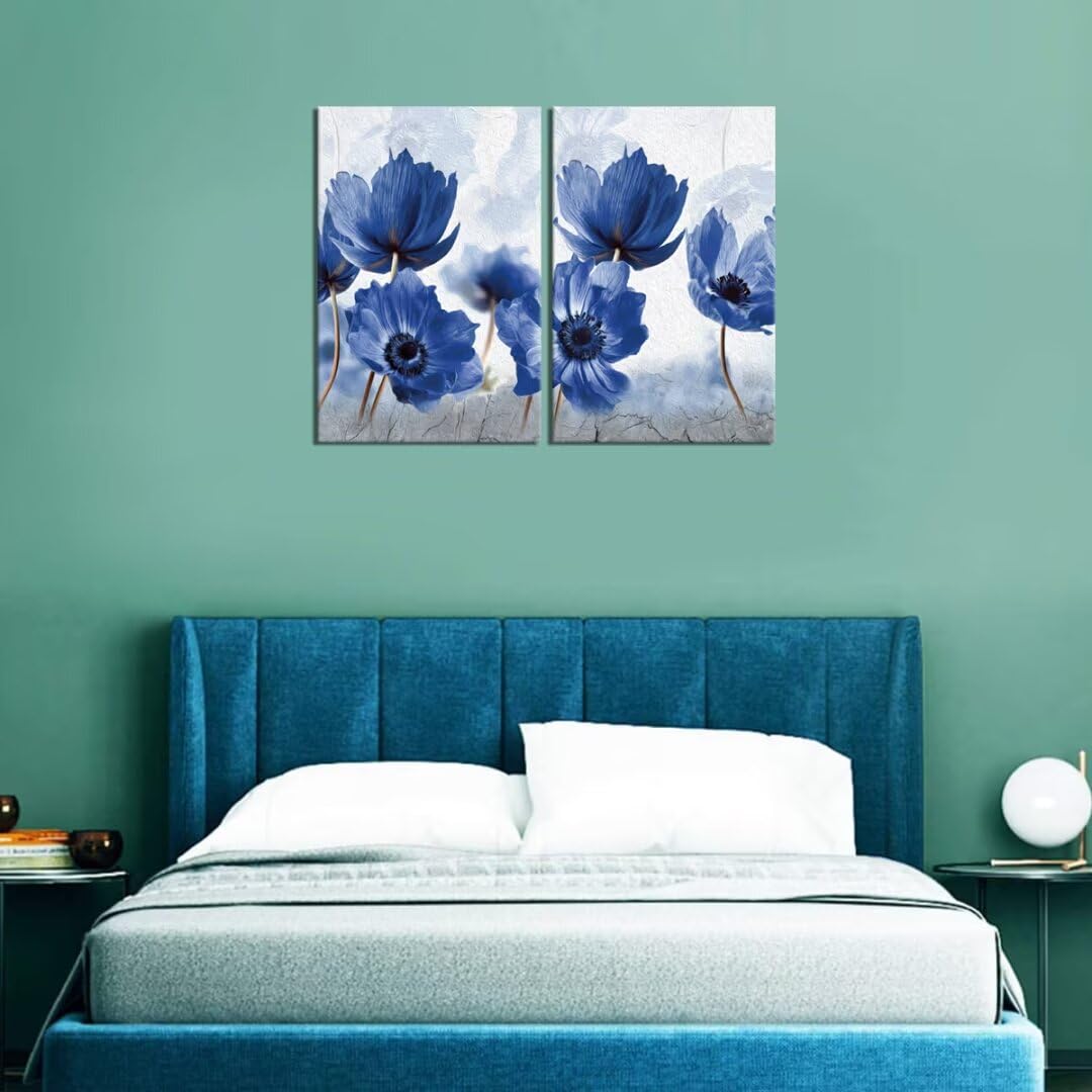 HJY Art 2 Piece Abstract Flower Wall Art for Bathroom Canvas Floral Wall Decor White and Blue Modern Home Living Room Dining Room Bedroom Office Painting Poster Framed Artwork (24''W x 32''H x2)