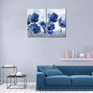 HJY Art 2 Piece Abstract Flower Wall Art for Bathroom Canvas Floral Wall Decor White and Blue Modern Home Living Room Dining Room Bedroom Office Painting Poster Framed Artwork (24''W x 32''H x2)