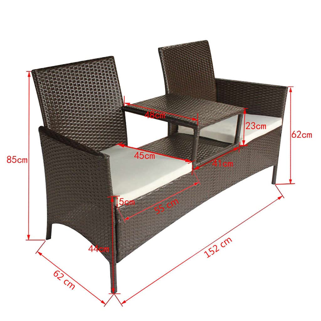 Outdoor 2-Person Rattan Loveseat | 2-Seater Garden Sofa with Tea Table | Wicker Patio Conversation Set with Built-in Coffee Table for Backyard Pool Yard | Brown Poly Rattan 59.8" x 24.4" x 33.4"