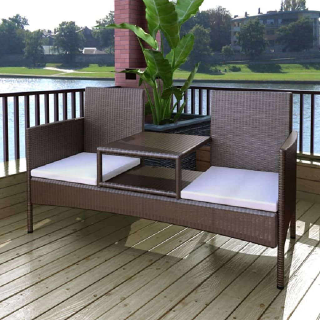 Outdoor 2-Person Rattan Loveseat | 2-Seater Garden Sofa with Tea Table | Wicker Patio Conversation Set with Built-in Coffee Table for Backyard Pool Yard | Brown Poly Rattan 59.8" x 24.4" x 33.4"