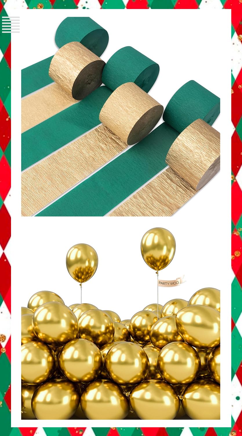 PartyWoo Metallic Gold Balloons 120 pcs 5 Inch and Green and Gold Crepe Paper Streamers 6 Rolls