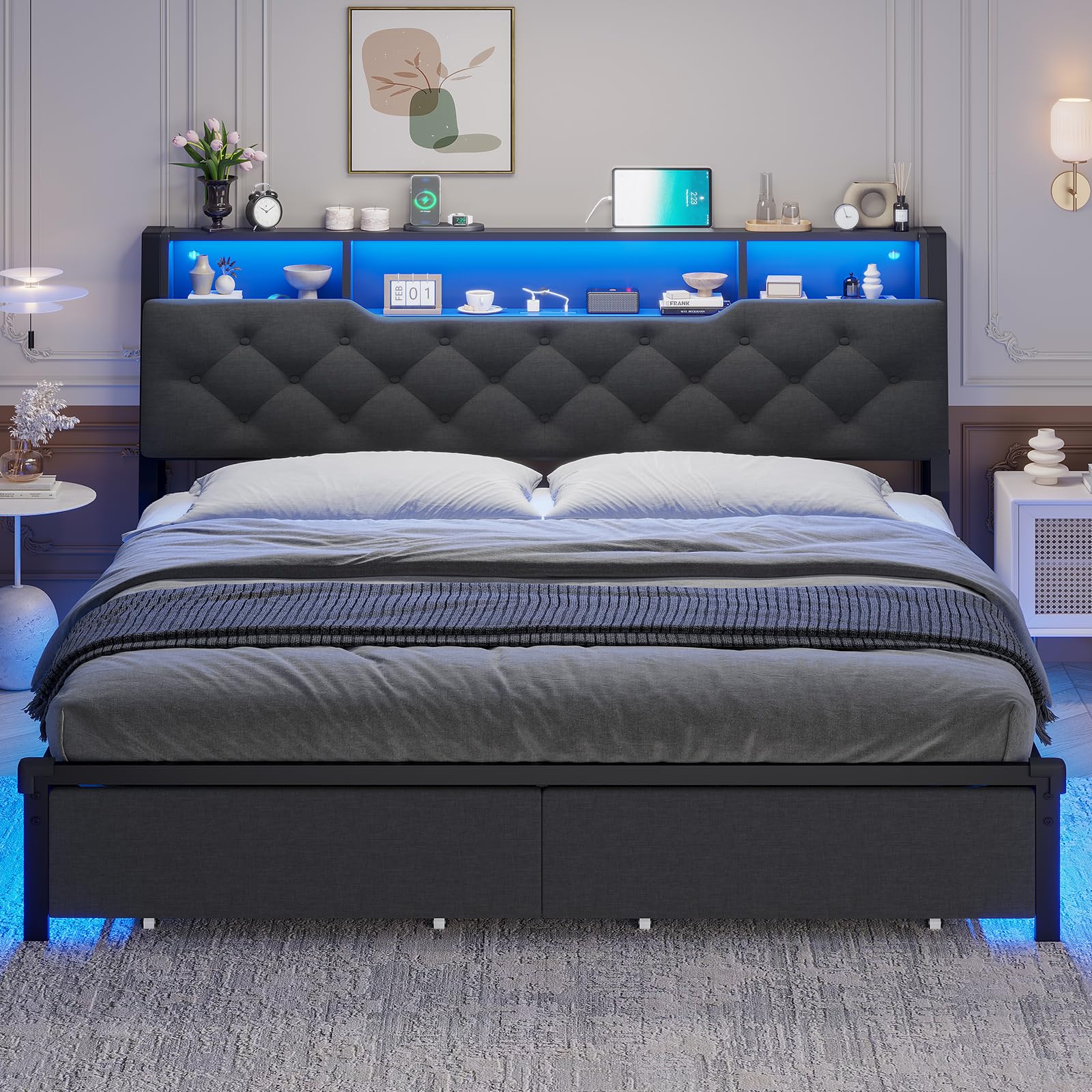 HAUOMS Queen Bed Frame with Storage Headboard, Platform Bed Frame Queen Size with LED Light, 2 Drawers and Type-C & USB Charging Station, No Box Spring Needed, Sturdy and Practical, Dark Grey