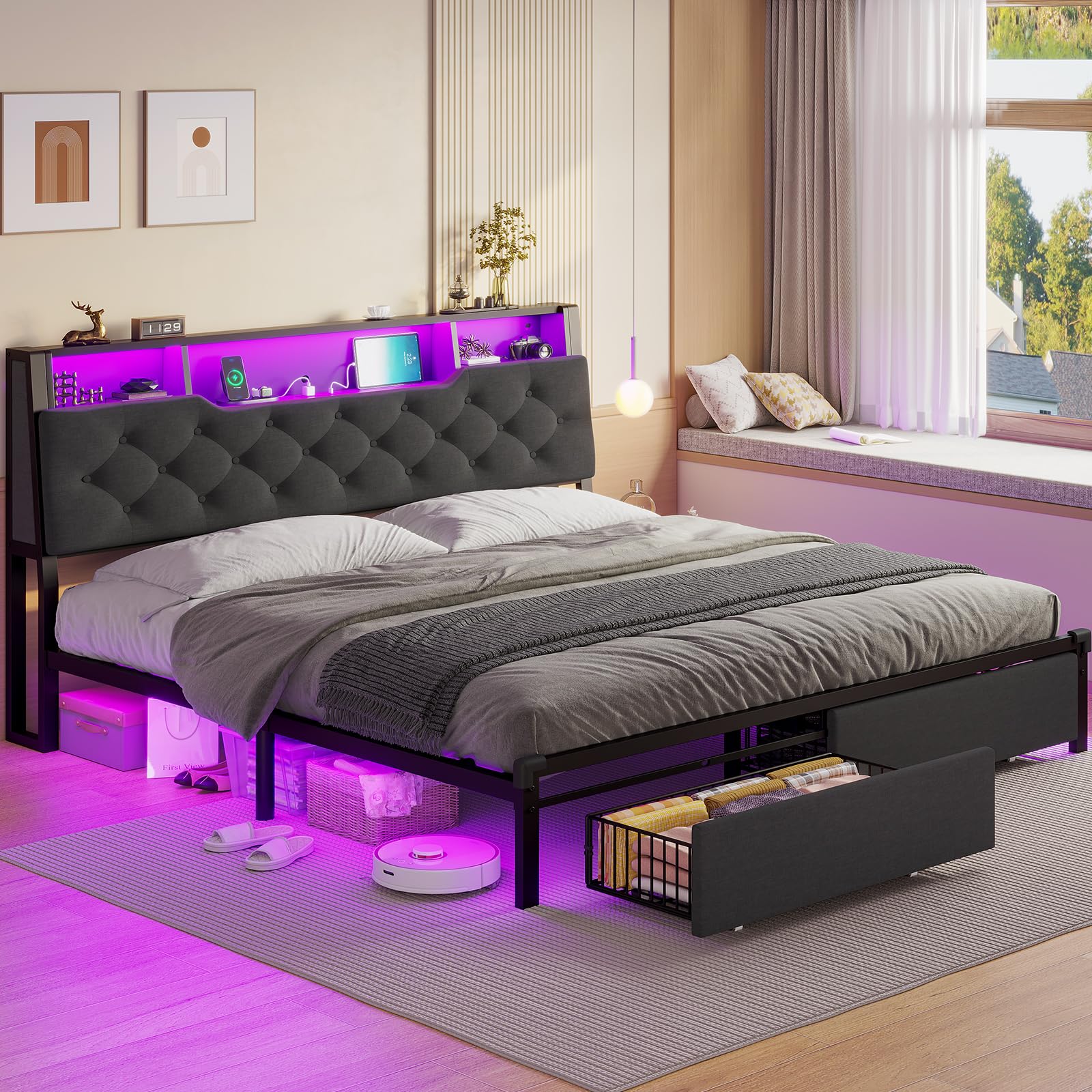 HAUOMS Queen Bed Frame with Storage Headboard, Platform Bed Frame Queen Size with LED Light, 2 Drawers and Type-C & USB Charging Station, No Box Spring Needed, Sturdy and Practical, Dark Grey