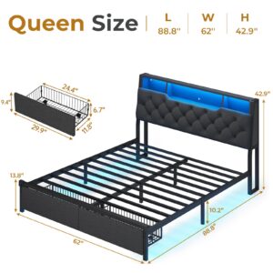 HAUOMS Queen Bed Frame with Storage Headboard, Platform Bed Frame Queen Size with LED Light, 2 Drawers and Type-C & USB Charging Station, No Box Spring Needed, Sturdy and Practical, Dark Grey