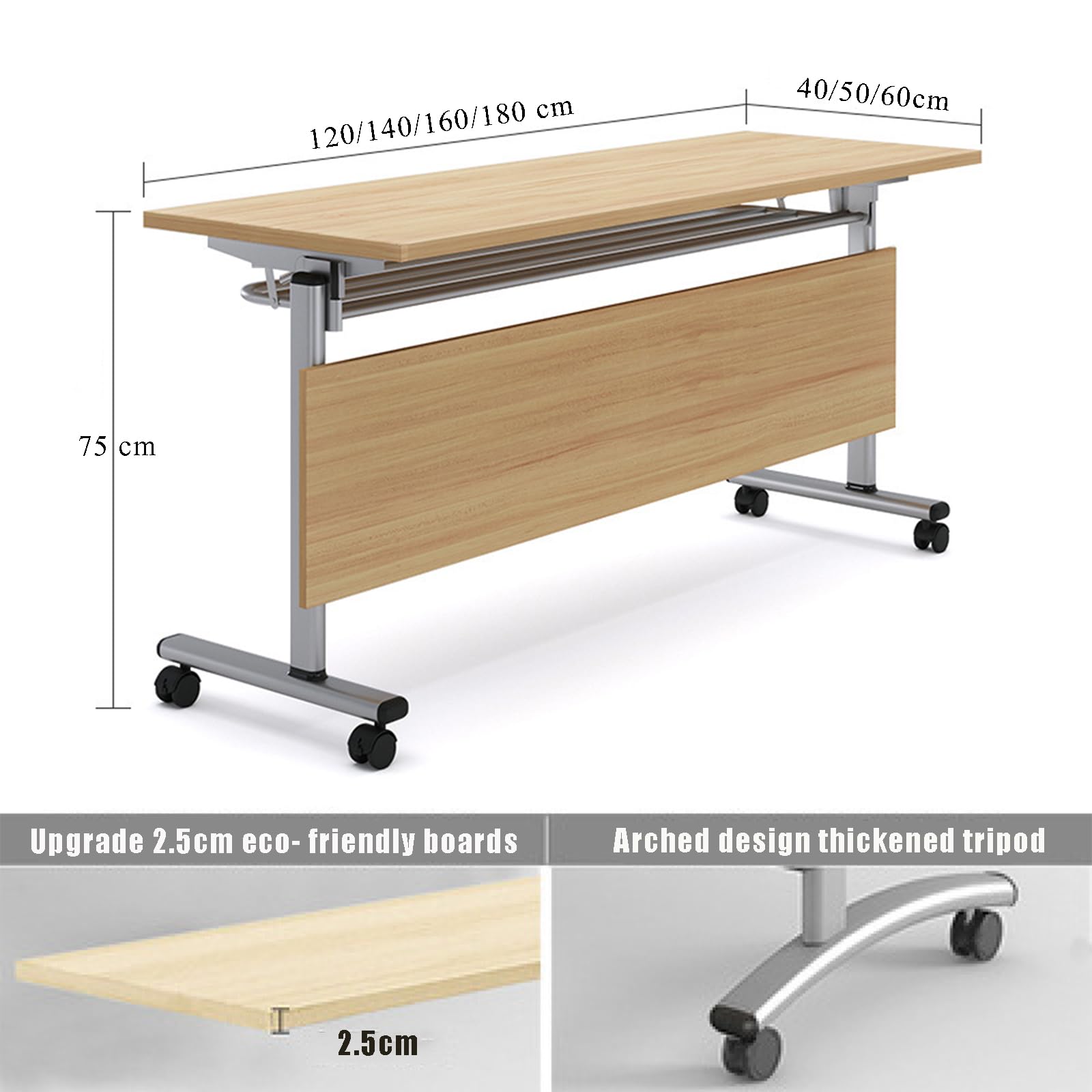 Foldable Conference Table, Meeting Tables Set of 3 Modern Wooden Office Folding Flip Top Mobile Training Table with Silent Wheels,Rounded Corner for Office,Meeting Room,Classroom (120 * 40 * 75)