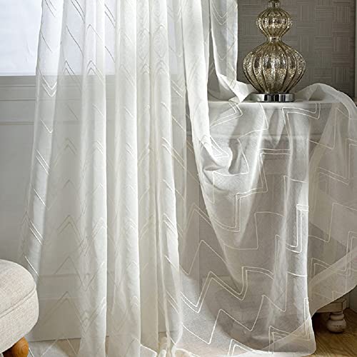 HooHero Embroidered Zig Zag Pattern Simple 54 Wide Kids Childern Sheer Curtains Beautiful Bedroom Window Decor