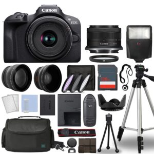 canon eos r100 mirrorless digital camera body black with canon rf-s 18-45mm f/4.5-6.3 is stm lens 3 lens kit with complete accessory bundle + 128gb + flash & more - international model (renewed)