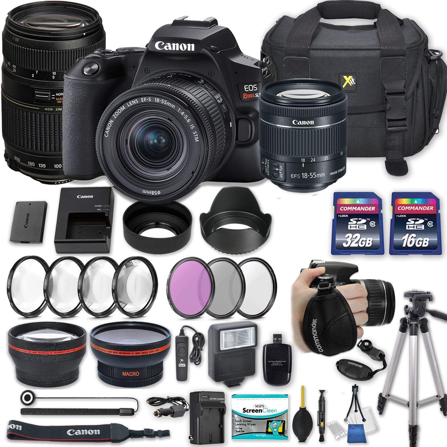 Canon EOS Rebel SL3 DSLR Camera with EF-S 18-55mm f/4-5.6 is STM Lens + 70-300mm f/4-5.6 Lens + 2 Memory Cards + 2 Auxiliary Lenses + More(25 Items) (Renewed)