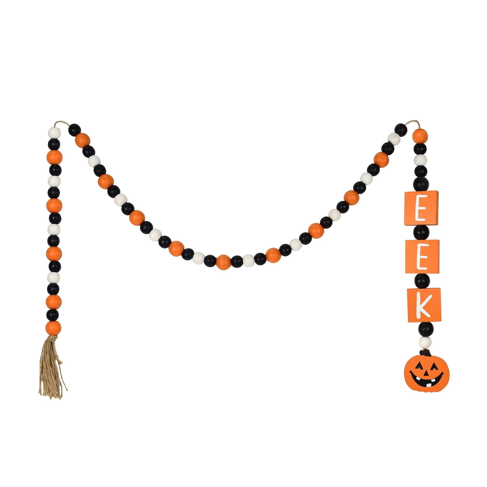 5ft Halloween Wooden Beaded Eek Pumpkin Garland with Tassels Multi Color Wood