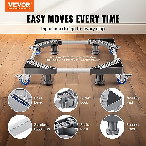 VEVOR Mini Fridge Stand, 27'' Universal Mobile Base with 4 Strong Feet, 4 Locking Swivel Wheels, Adjustable Furniture Mover Mobile Base for Washing Machine, Refrigerator, Washer and Dryer