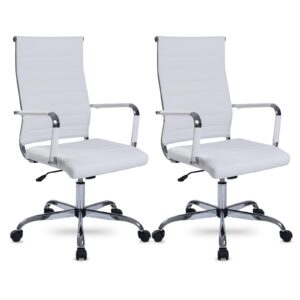 walmokid office task chair set of 2, ergonomic desk chair leather conference room chairs height adustable | ribbed high back | swivel rolling executive chair white