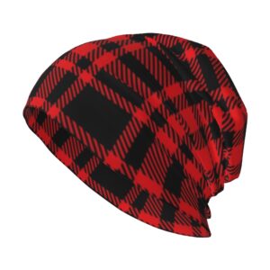 beanie hat for men women, soft cool winter warm thermal trendy for tartan plaid red cap for cold weather hiking running skiing outdoor indoor sports