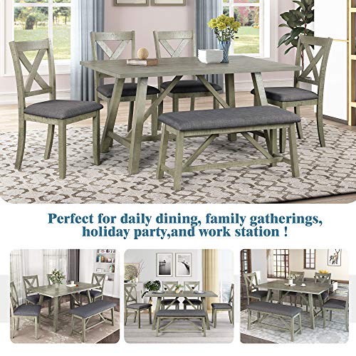 WOZNLA Wood 6, Rustic Style Kitchen Dining Room Set with 1 Table, 1 Bench & 4 Padded Chairs, Gray, 60" x 35", Grey