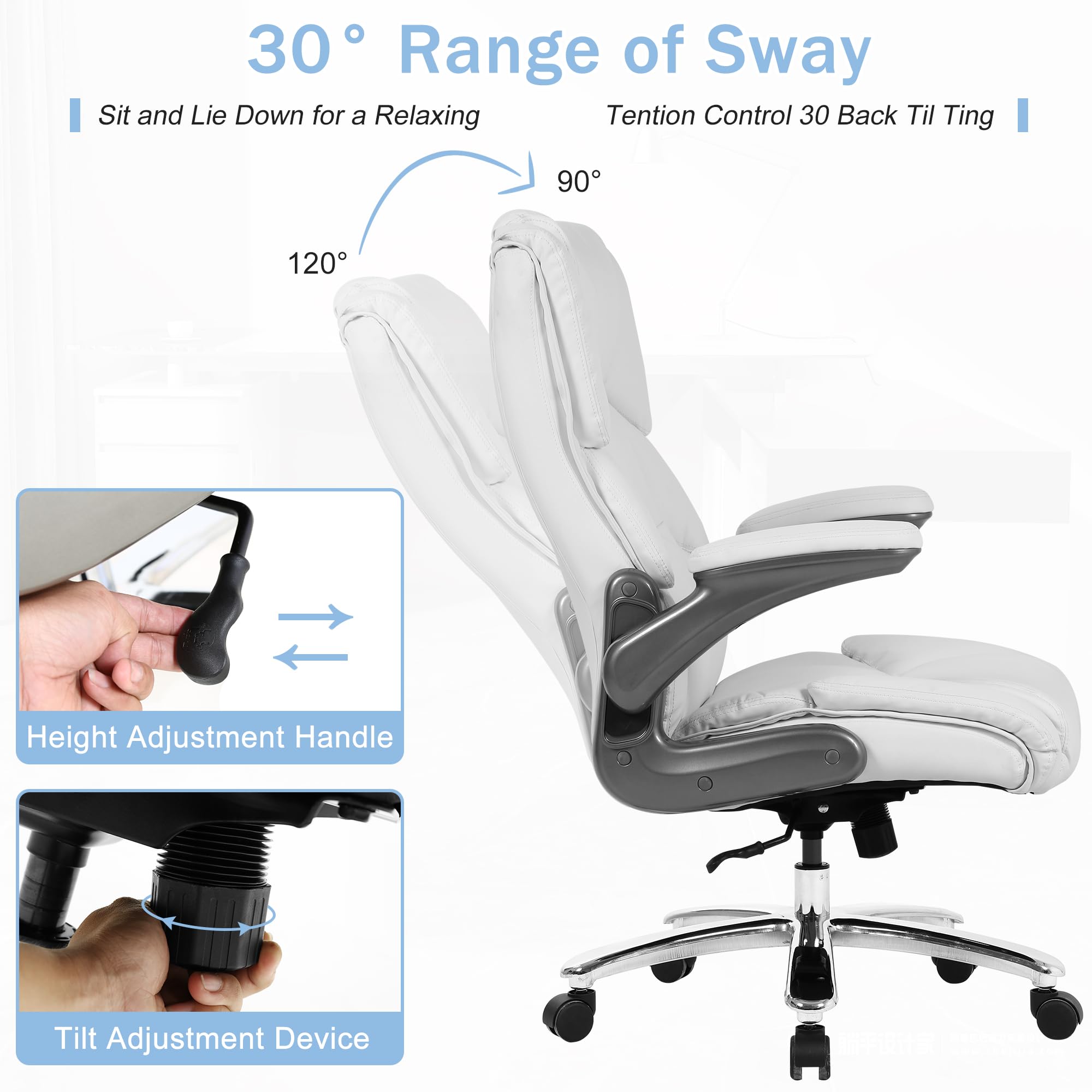 400lbs Big and Tall Office Chair Ergonomic Adjustable Rolling Swivel PU Leather Desk Chair with Padded Flip-up Armrest, High Back Executive Lumbar Support Task Work Chair for Heavy People,White