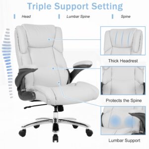 400lbs Big and Tall Office Chair Ergonomic Adjustable Rolling Swivel PU Leather Desk Chair with Padded Flip-up Armrest, High Back Executive Lumbar Support Task Work Chair for Heavy People,White