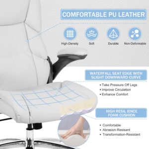 400lbs Big and Tall Office Chair Ergonomic Adjustable Rolling Swivel PU Leather Desk Chair with Padded Flip-up Armrest, High Back Executive Lumbar Support Task Work Chair for Heavy People,White