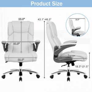 400lbs Big and Tall Office Chair Ergonomic Adjustable Rolling Swivel PU Leather Desk Chair with Padded Flip-up Armrest, High Back Executive Lumbar Support Task Work Chair for Heavy People,White