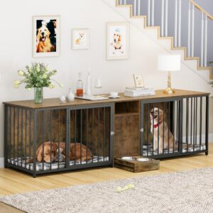 yitahome double dog crate furniture 94.5 inch with feeder bowls, large breed dog kennel with divider and storage drawer, heavy duty dog house tv stand indoor for 2 large/medium dogs, brown