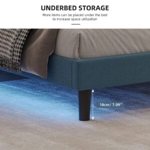 MegaChunk Queen Size Upholstered Platform Bed with Adjustable Linen Headboard and RGB Lights - Sturdy Bed Slats System, No Box Spring Needed - Blue