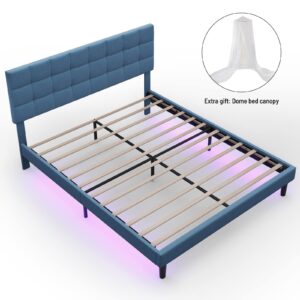 MegaChunk Queen Size Upholstered Platform Bed with Adjustable Linen Headboard and RGB Lights - Sturdy Bed Slats System, No Box Spring Needed - Blue